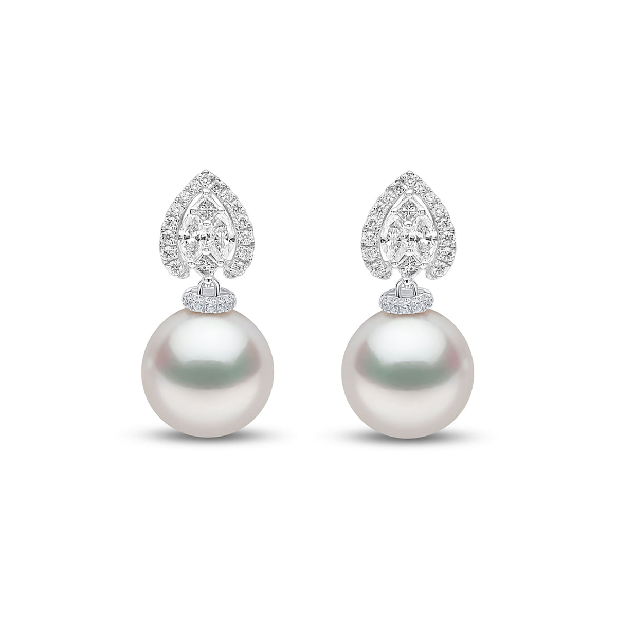 Yoko Glitz South Sea Pearl and Diamond 18ct White Gold Halo Drop Earrings - Michael Jones Jeweller