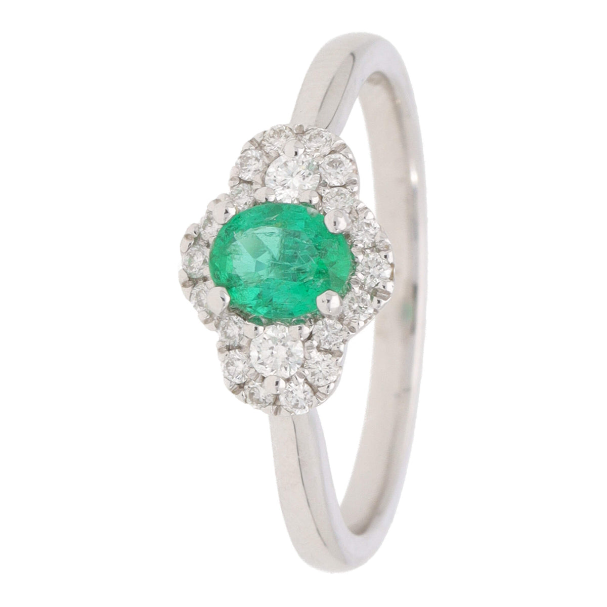 Emerald and Diamond 18ct White Gold Three Stone Cluster Ring - Michael Jones Jeweller