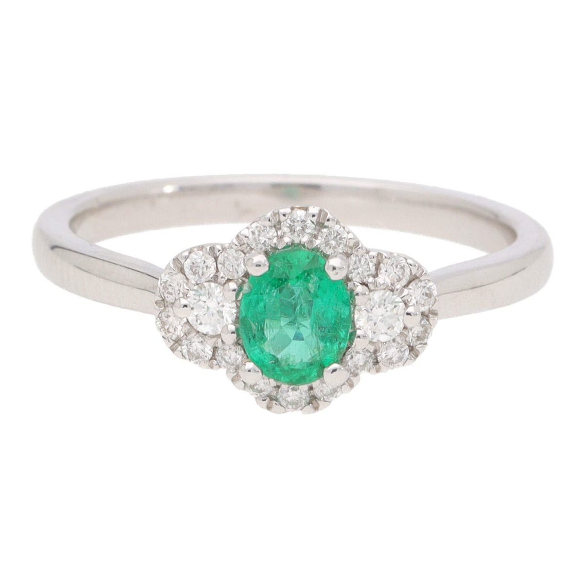Emerald and Diamond 18ct White Gold Three Stone Cluster Ring - Michael Jones Jeweller