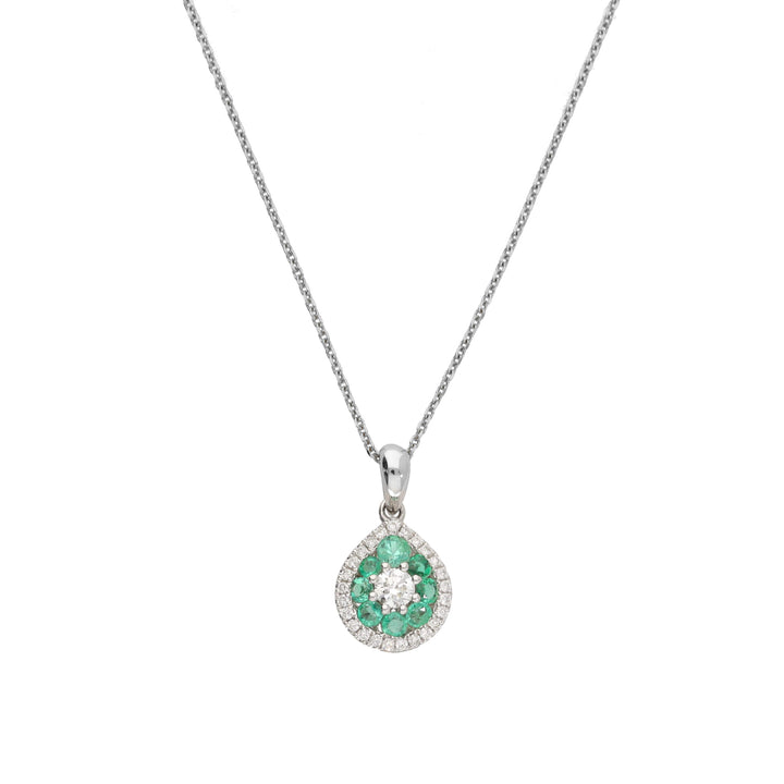 Emerald and Diamond Teardrop Cluster 18ct White Gold Pendant
