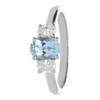 Aquamarine and Diamond 18ct White Gold Oval Three Stone Ring - Michael Jones Jeweller