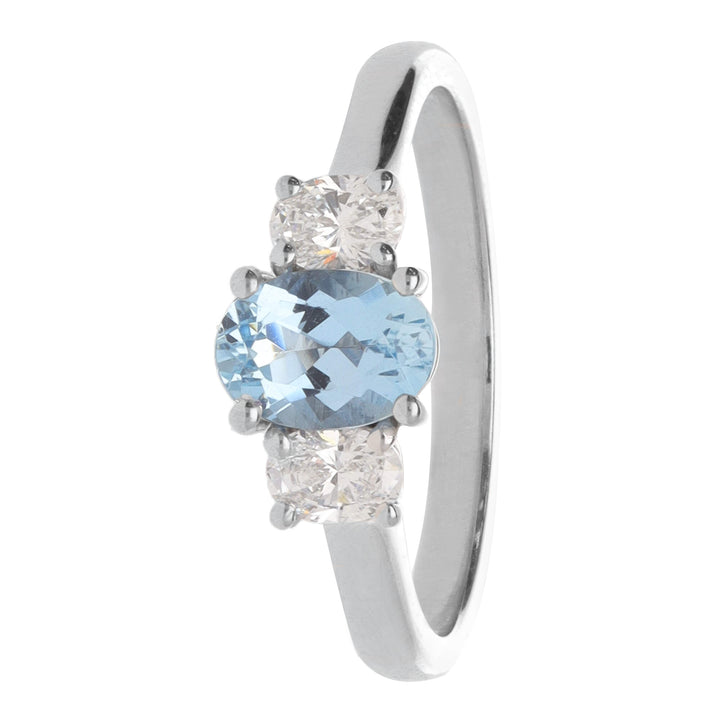 Aquamarine and Diamond 18ct White Gold Oval Three Stone Ring - Michael Jones Jeweller