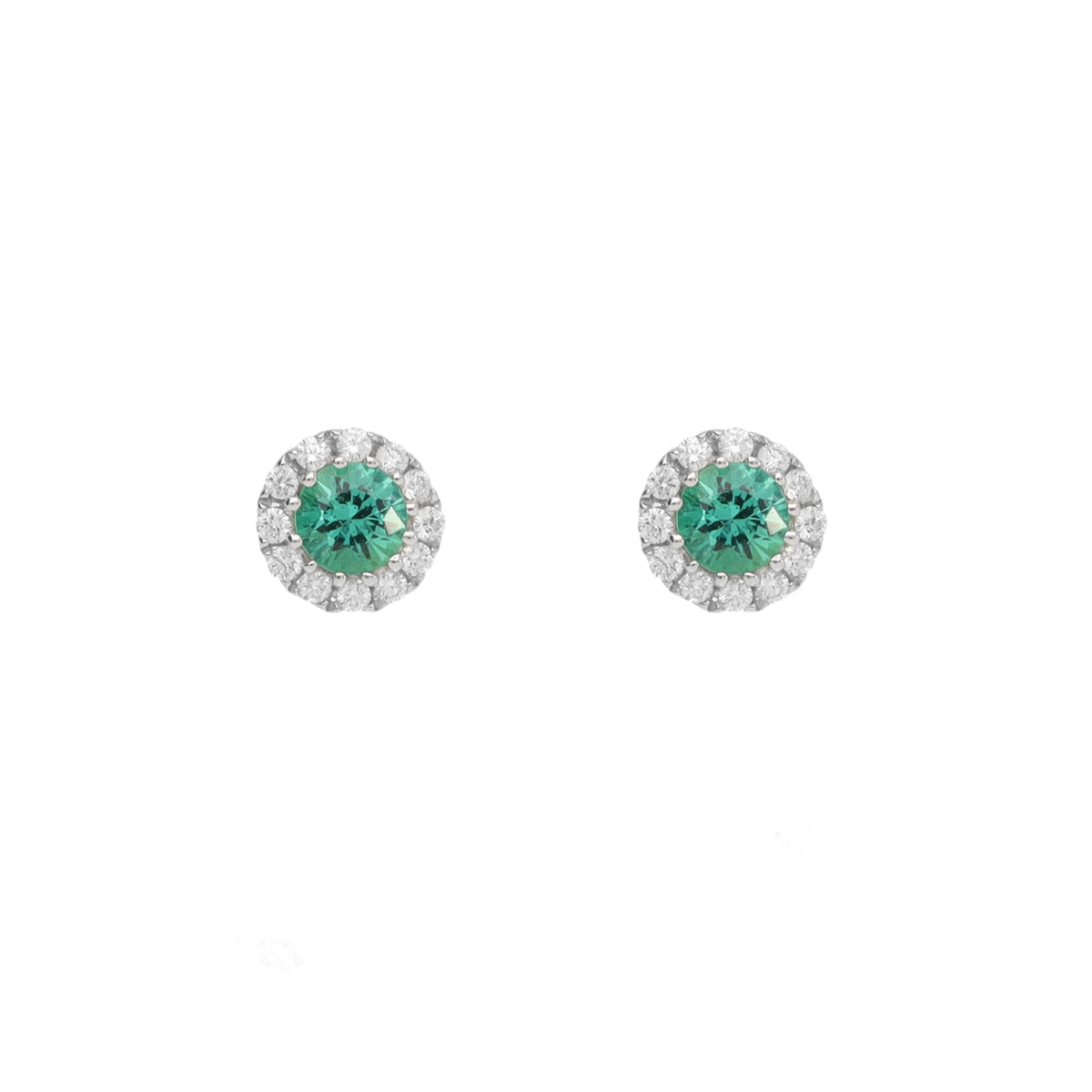 Emerald and Diamond 18ct White Gold Round Cluster Stud Earrings - Michael Jones Jeweller