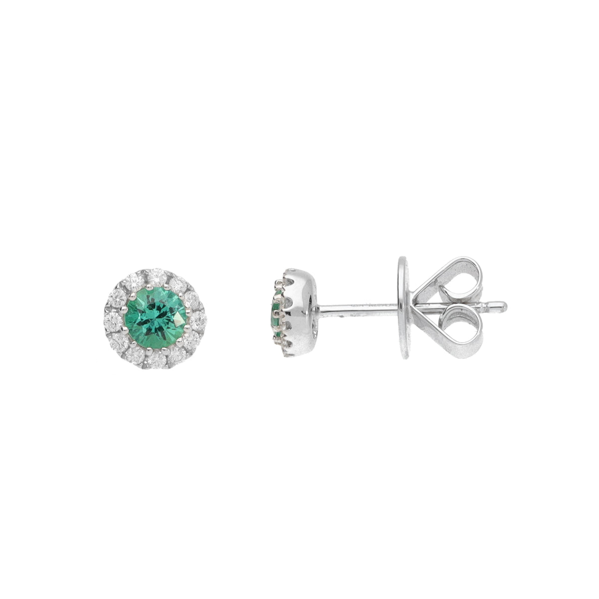 Emerald and Diamond 18ct White Gold Round Cluster Stud Earrings - Michael Jones Jeweller