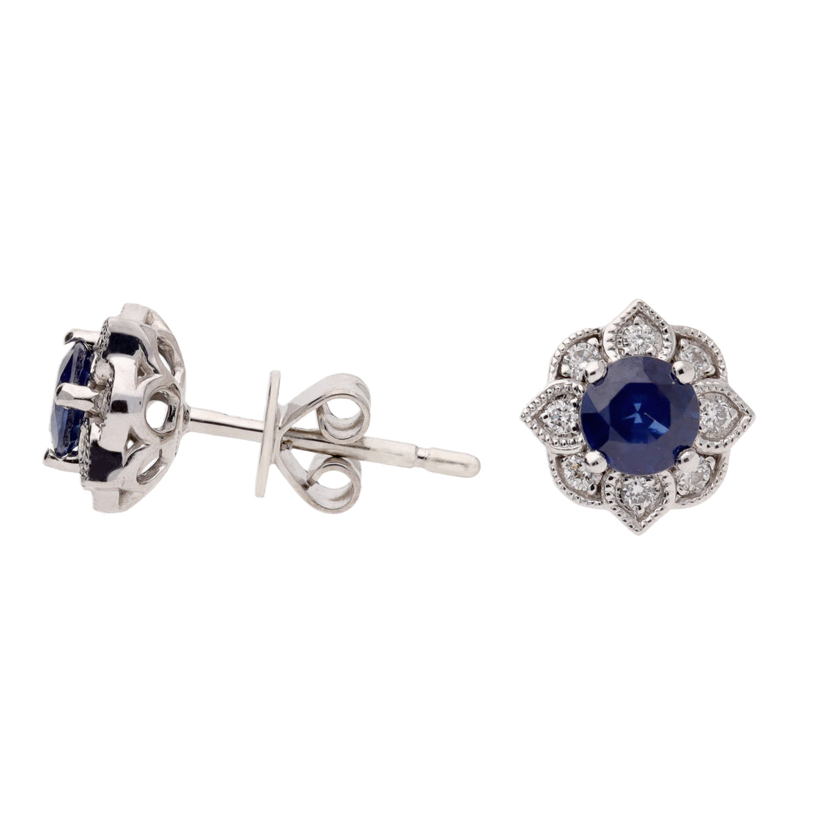 Sapphire and Diamond 18ct White Gold Flower Stud Earrings - Michael Jones Jeweller