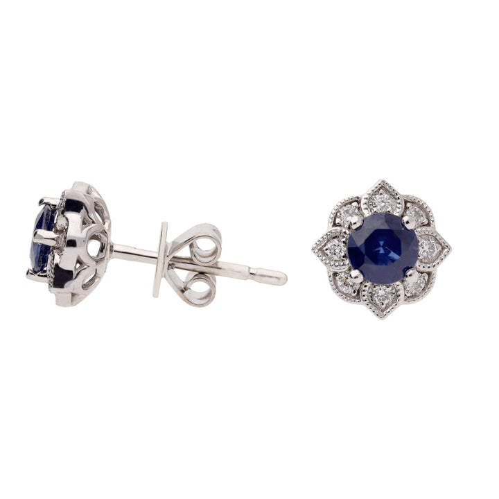 Sapphire and Diamond 18ct White Gold Flower Stud Earrings - Michael Jones Jeweller