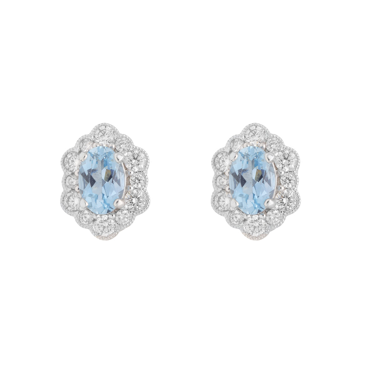 Aquamarine and Diamond 18ct White Gold Cluster Stud Earrings - Michael Jones Jeweller