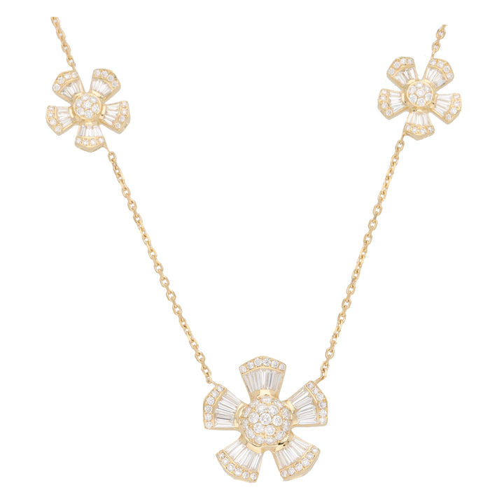 Triple Diamond Flower Motif 18ct Yellow Gold Necklace
