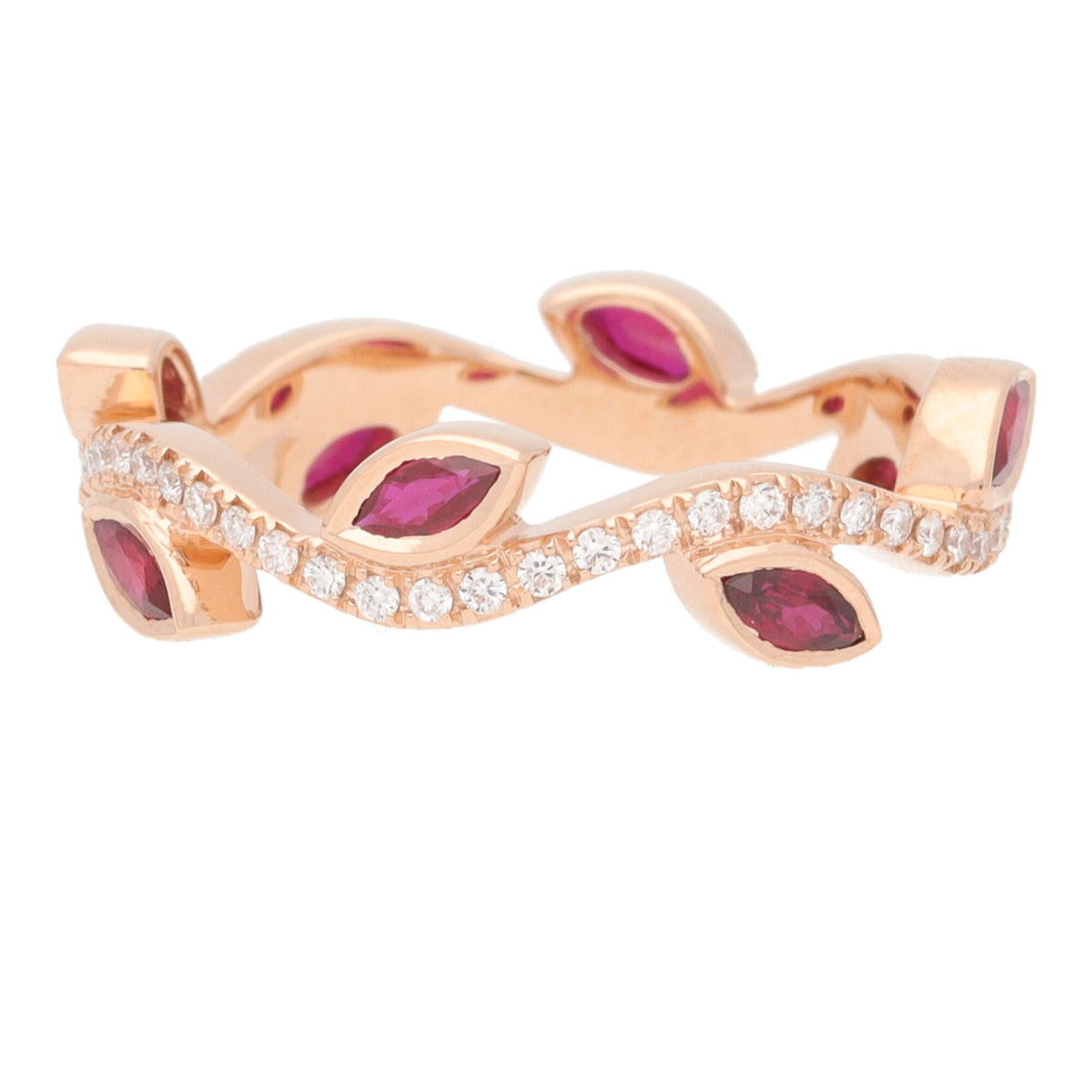 Ruby and Diamond 18ct Rose Gold Vine Wave Ring (N) - Michael Jones Jeweller