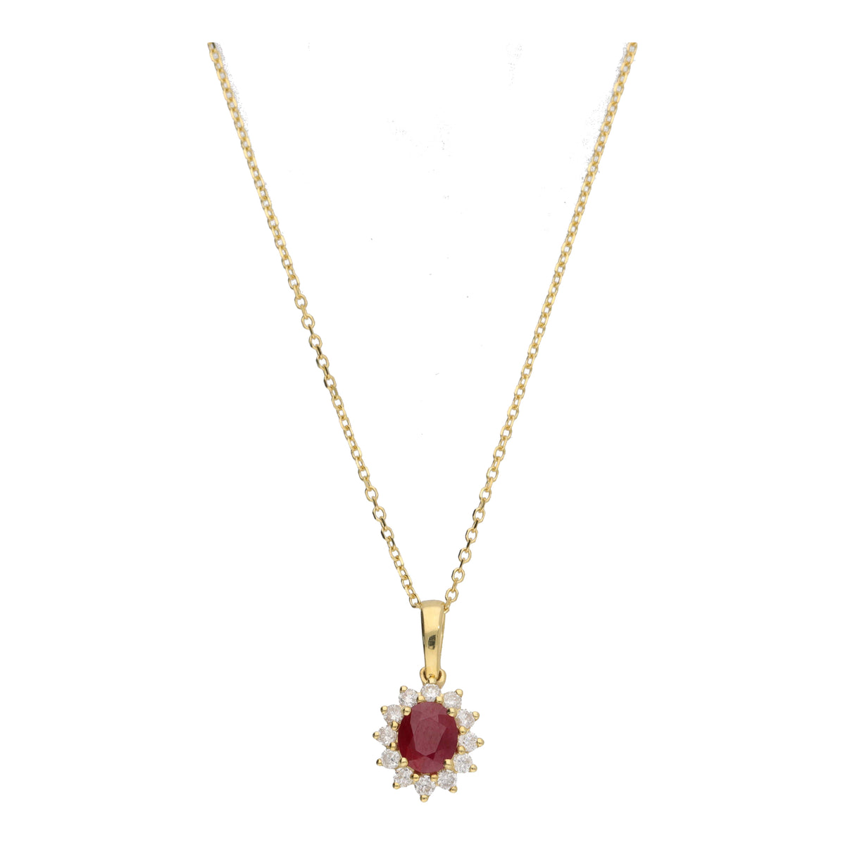 Ruby and Diamond Oval 18ct Yellow Gold Cluster Necklace - Michael Jones Jeweller