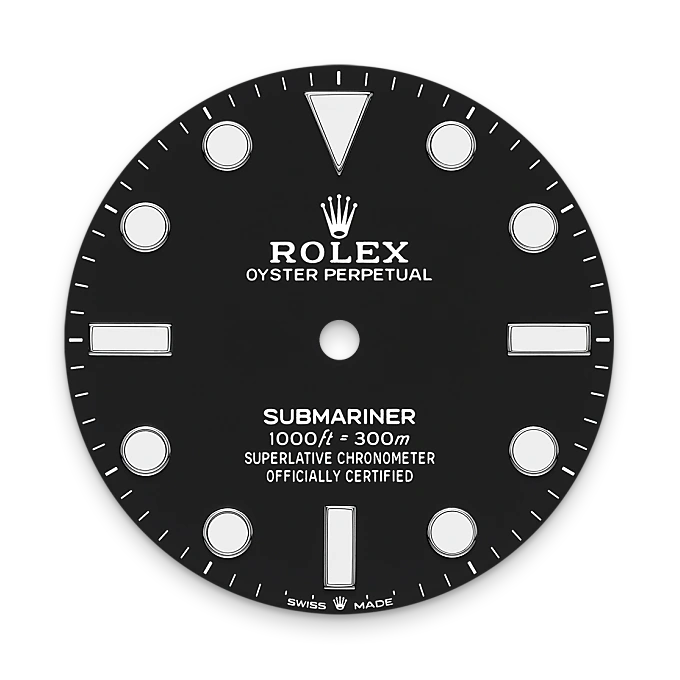 Black dial with white markings for a Rolex watch on a white background