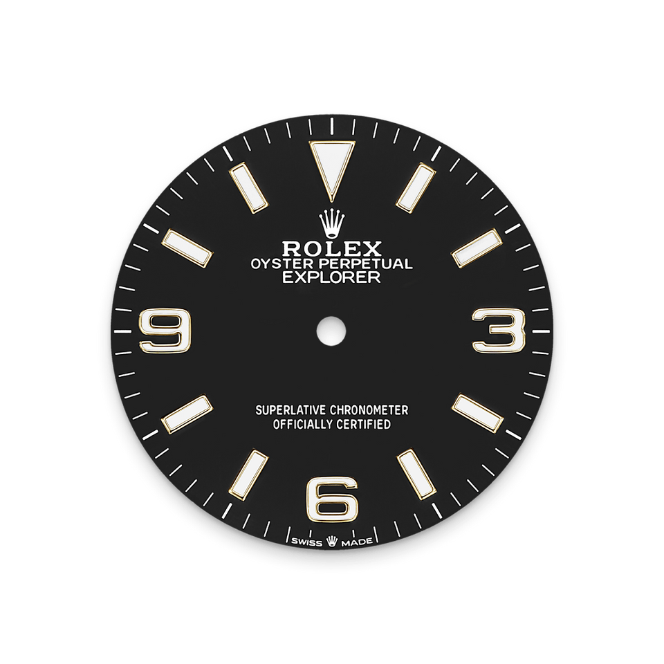 Rolex watch dial with black background and gold markings on a white background