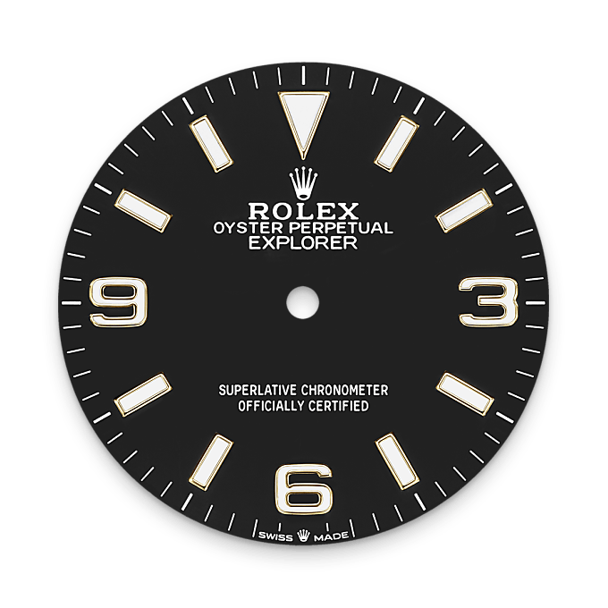 Rolex watch dial with black background and gold markings