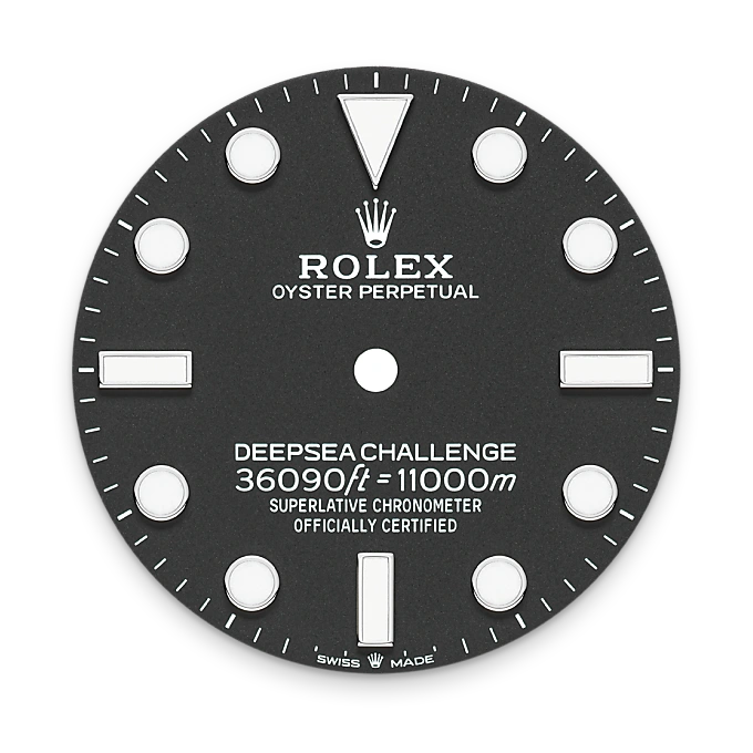 Rolex Deepsea Challenge watch dial with black background and white markings.