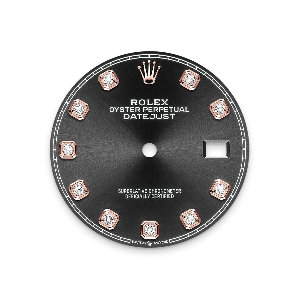 Rolex watch dial with gold accents and gemstones on a white background