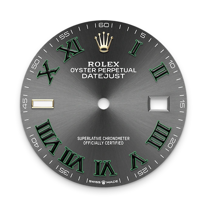 Rolex watch dial with green Roman numerals on a white background