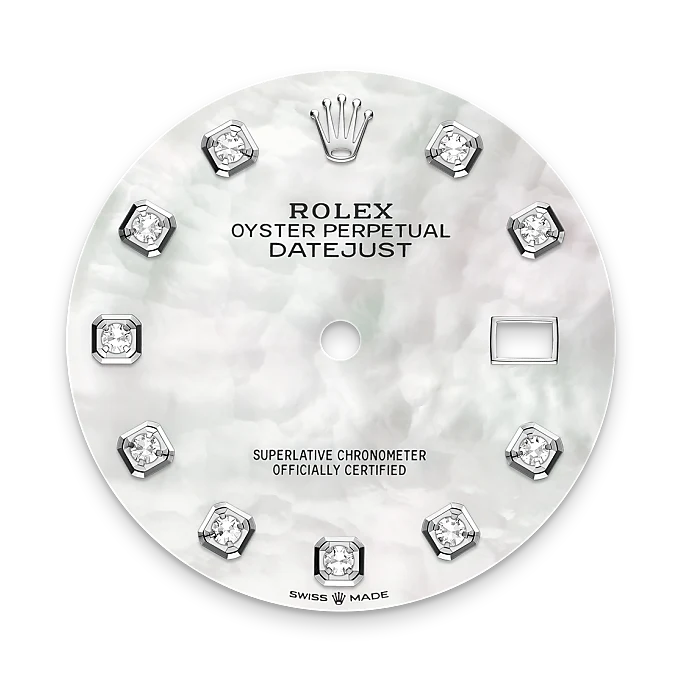 Close-up of a Rolex watch dial with diamond accents on a white background.