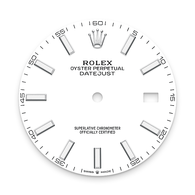 Rolex watch dial with branding and markings on a white background