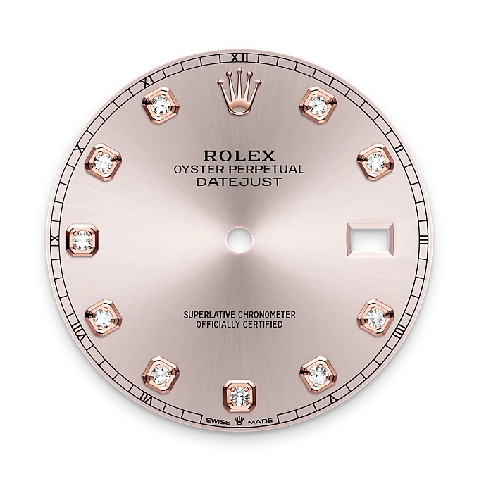 Rolex watch dial with rose gold finish and diamond accents on a white background.