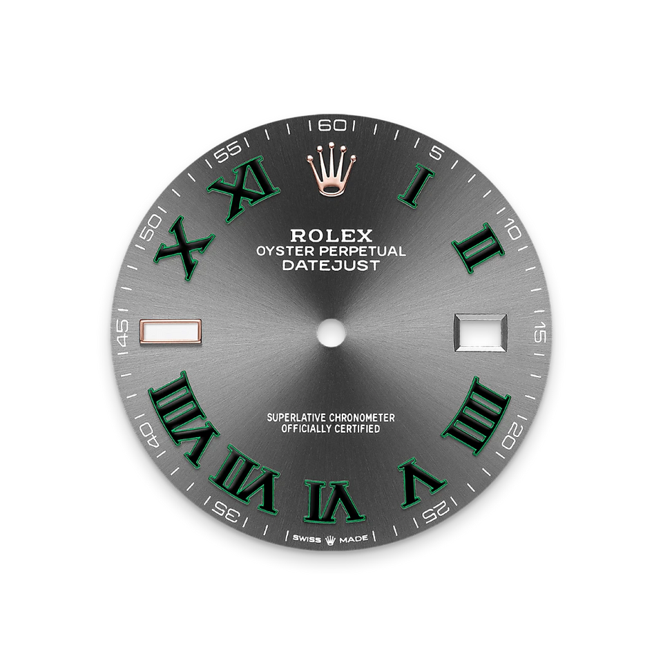 Rolex watch dial with green Roman numerals on a white background