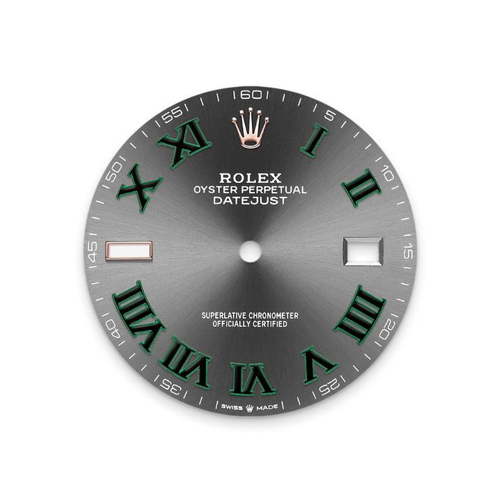 Rolex watch dial with green Roman numerals on a white background
