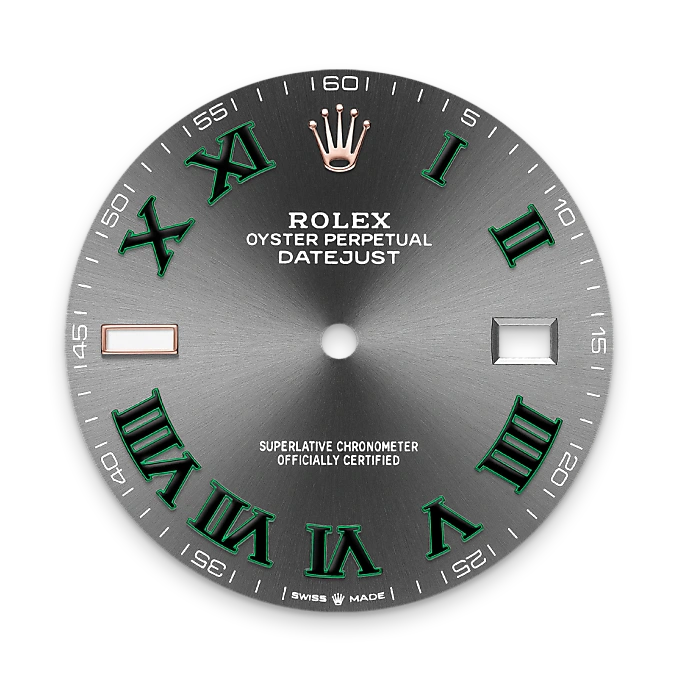 Rolex watch dial with green Roman numerals on a white background