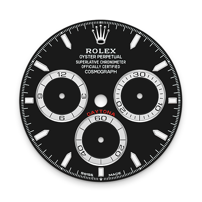 Rolex watch dial with black background and white markings