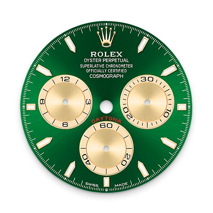 Rolex watch dial with green background and gold details on a white background