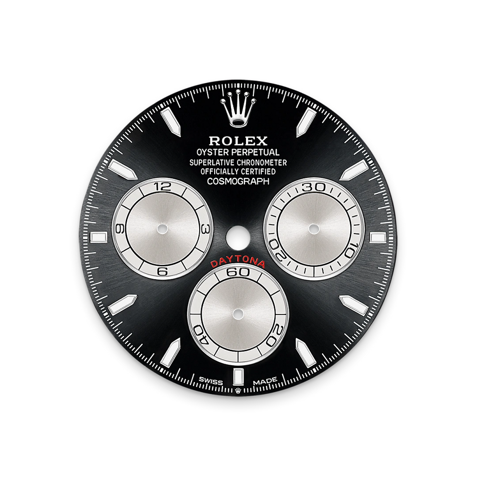 Rolex watch dial with black and silver details on a white background