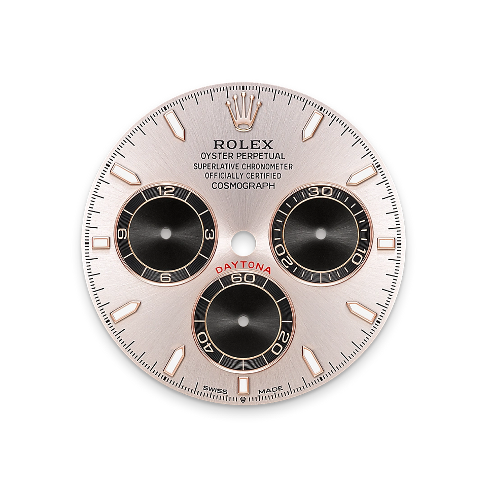 Rolex watch dial with pink and black details on a white background