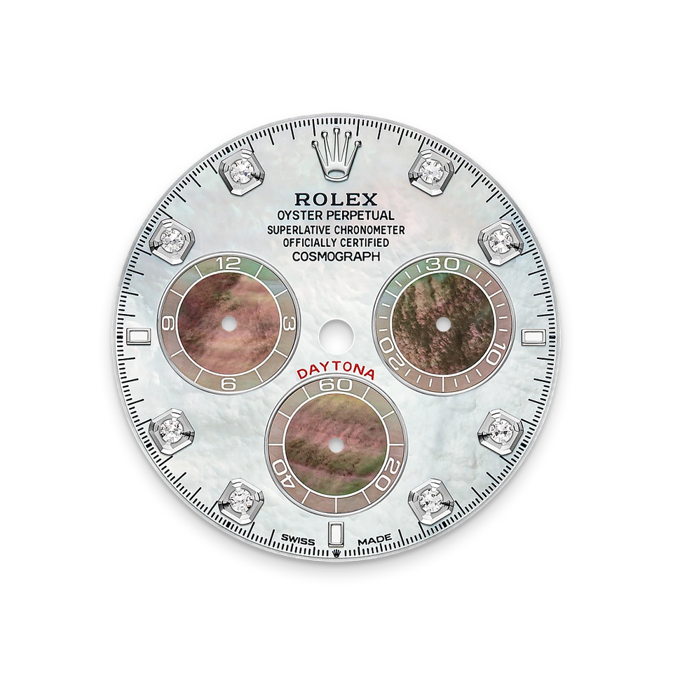 Close-up of a Rolex watch dial with gemstone accents on a white background.