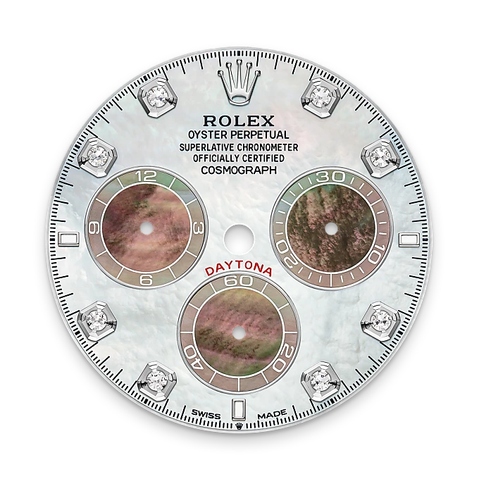 Close-up of a Rolex watch dial with gemstones and branding.