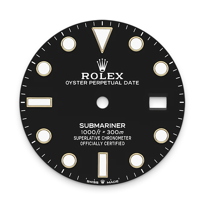 Black watch dial with gold accents for Rolex watch.