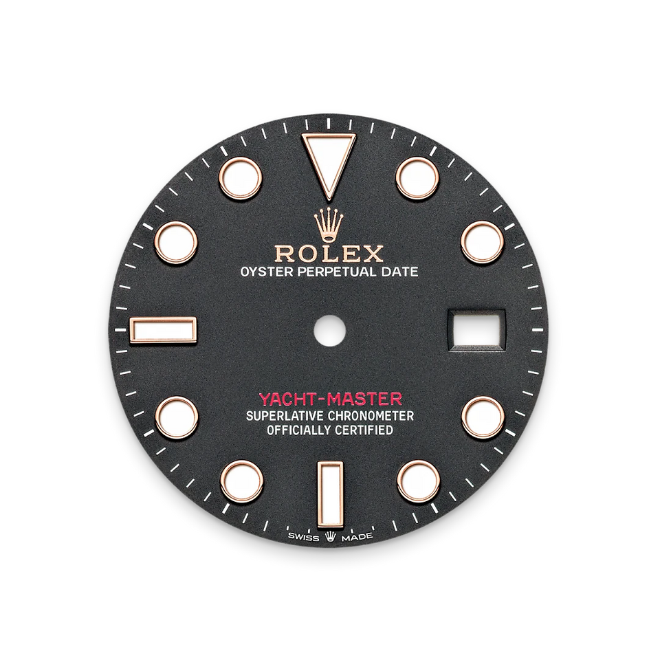 Rolex watch dial with branding and certification marks on a white background