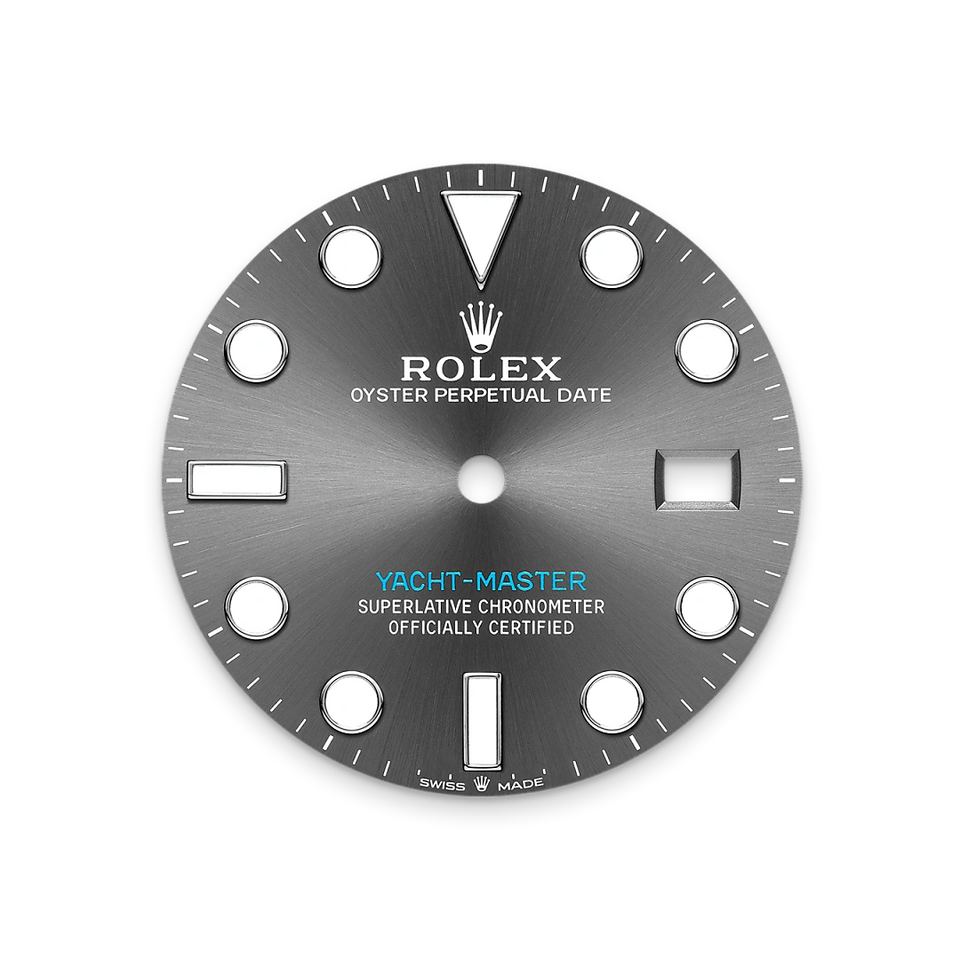 Rolex watch dial with branding and specifications on a white background