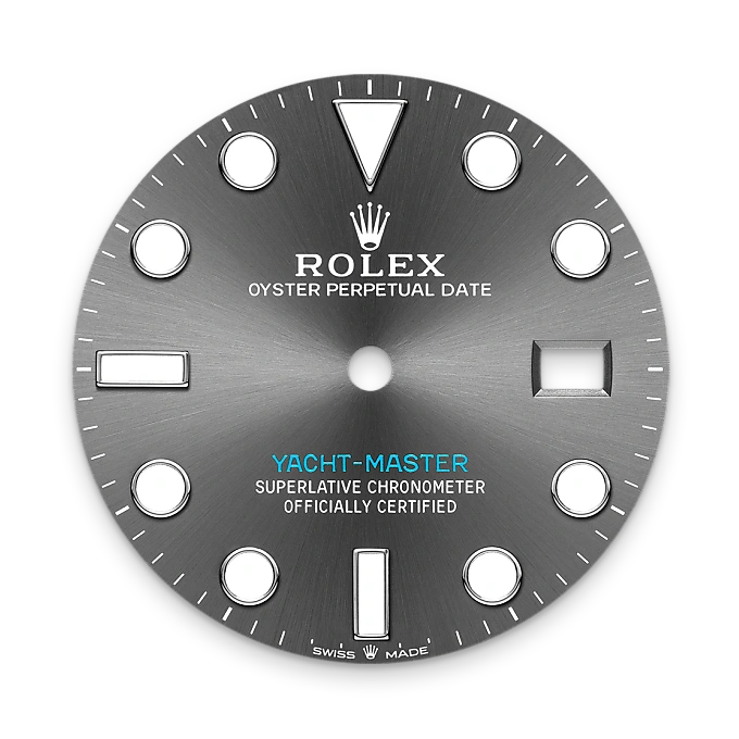Rolex watch dial with branding and specifications on a white background