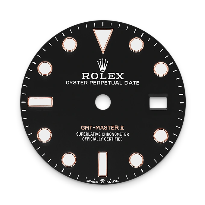 Black watch dial with white and rose gold markings for Rolex GMT-Master II.