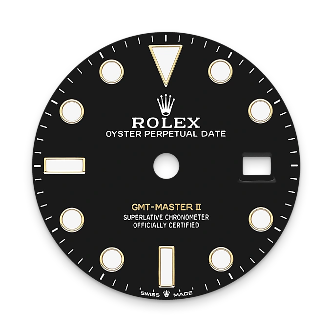 Black watch dial with gold accents for Rolex GMT-Master II.