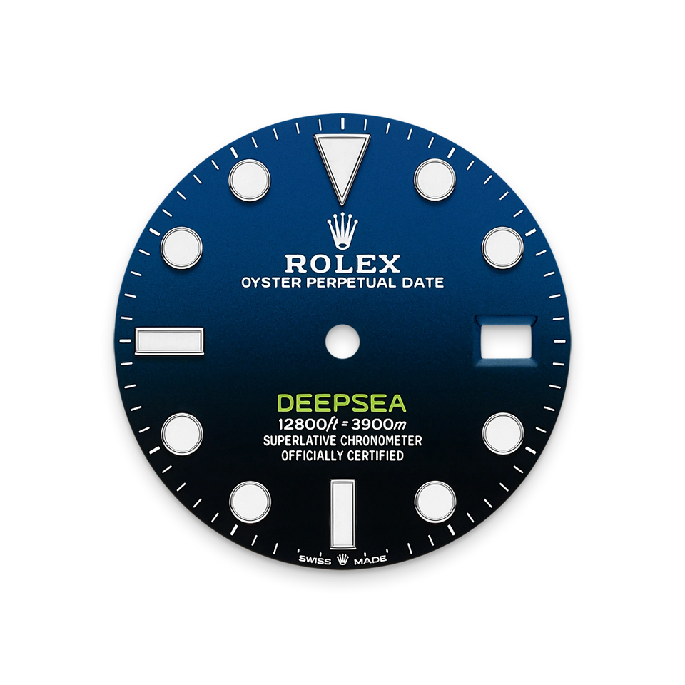 Rolex Deepsea watch dial with blue and black colors on a white background