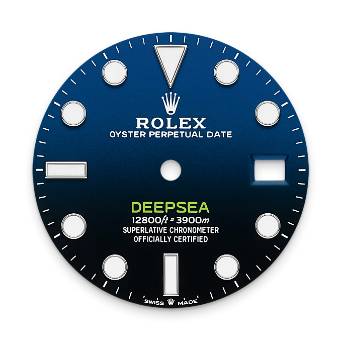 Rolex Deepsea watch dial with blue and black colors on a white background.
