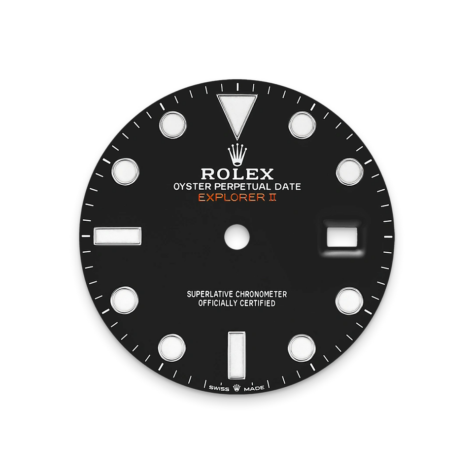 Black dial with white markings for a Rolex watch on a white background