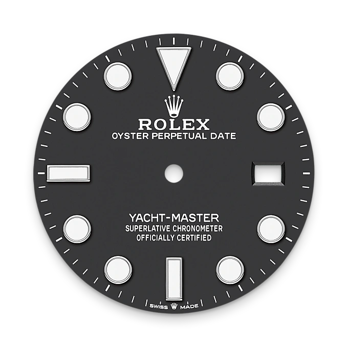 Rolex watch dial with black background and white markings