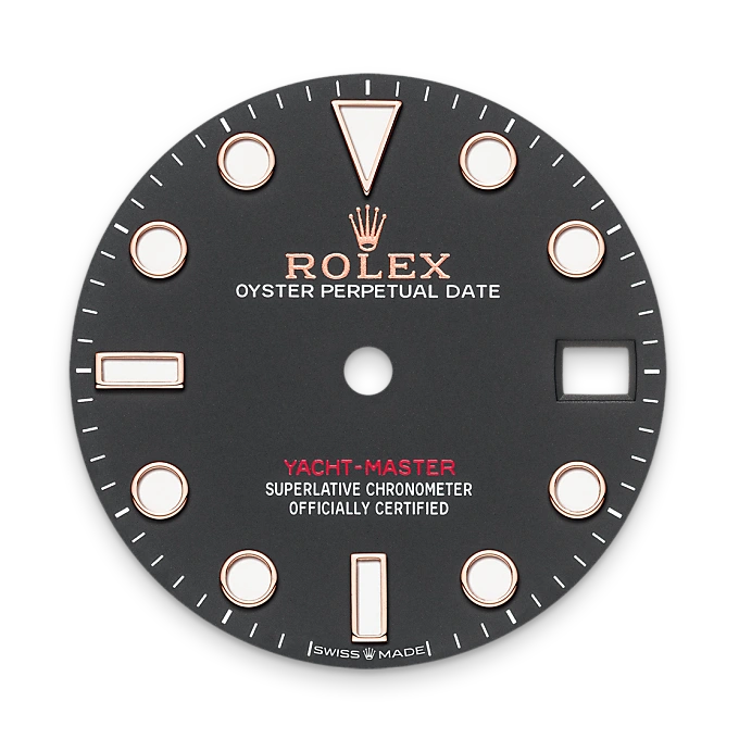 Rolex watch dial with branding and certification text on a white background
