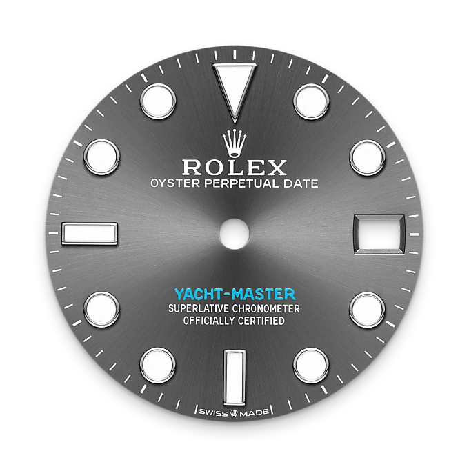 Rolex Yacht-Master watch dial with branding and certification text on a white background