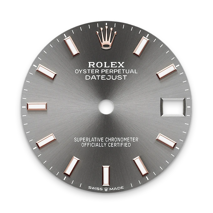 Rolex watch dial with silver metallic finish and gold accents on a white background.