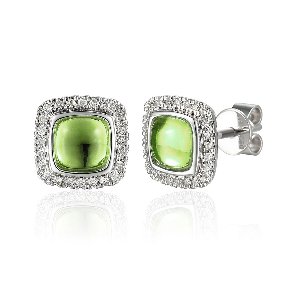 Peridot Cabochon Diamond 18ct White Gold Stud Earrings - Michael Jones Jeweller