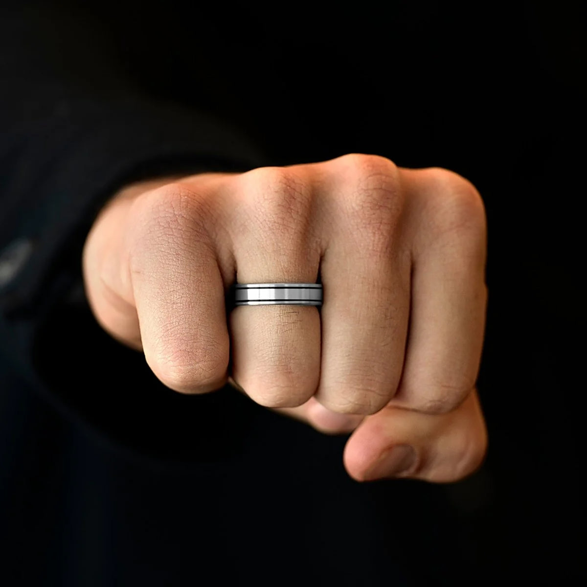 Steel and Barnett Men’s Verto Stainless Steel Dual Black Enamel Inlay Band Ring Size 9 - Michael Jones Jeweller