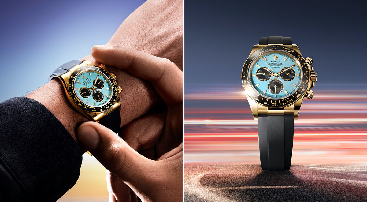 Luxury Rolex watch with gold and black design on a hand and a standalone display.