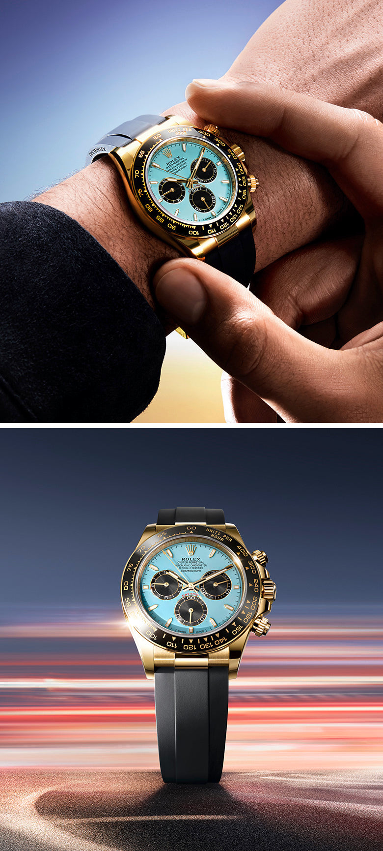 Luxury Rolex watch with gold and black strap on a wrist.