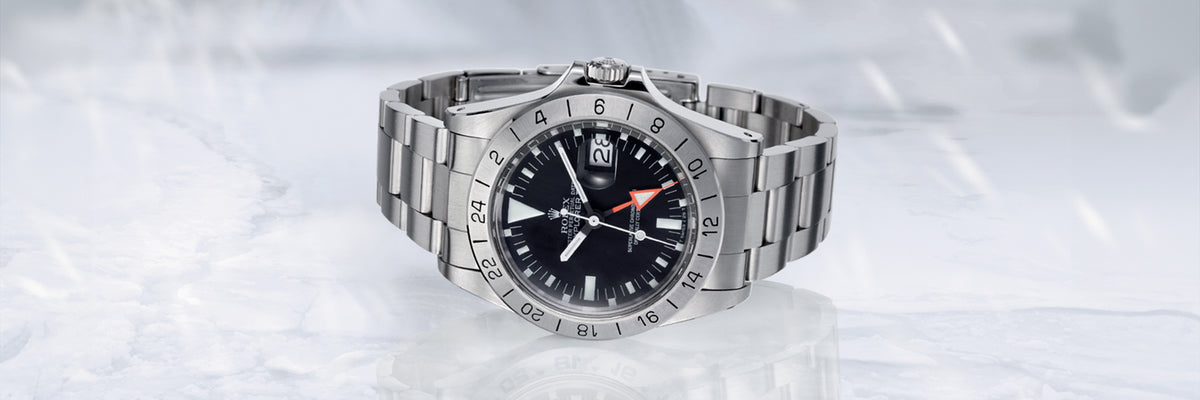 Rolex Explorer IIwatch with a black face on a light gray background